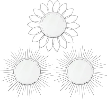 3 Pack Metal Mirrors for Wall Sunburst Wall Mirrors Home Décor Decorative Hanging Wall Art for Living Room Bedroom Entryway (Silver, Flower+Sunburst)