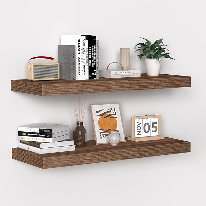 Fun Memories Floating Shelves - 24 Inch Rustic Wooden Wall Shelves - Extra Deeper & Thicker Wall Mounted Storage Shelf for Living Room, Kitchen, Farmhouse - 24"x 9"x 1.6" 2Pack, Walnut