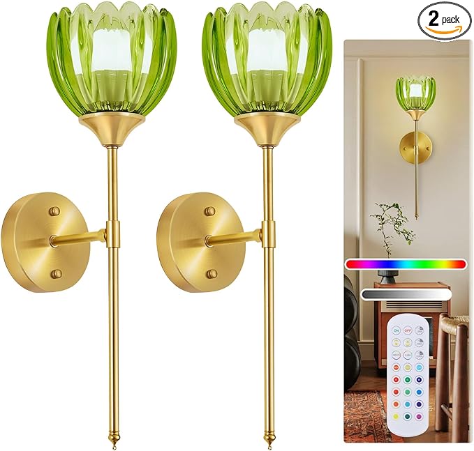 Battery Operated Wall Sconce Set of 2, Rechargeable Wireless Wall Sconce Lights with Glass Lampshade, 5000mAh Dimmable Bulbs with Remote,15 Colors Wireless Wall Lamps for Bedroom Living Room