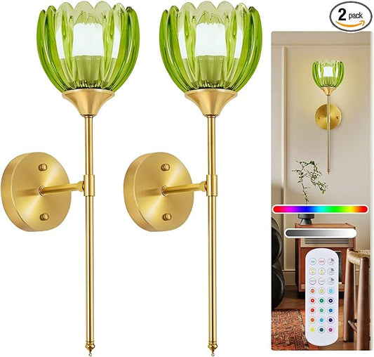 Battery Operated Wall Sconce Set of 2, Rechargeable Wireless Wall Sconce Lights with Glass Lampshade, 5000mAh Dimmable Bulbs with Remote,15 Colors Wireless Wall Lamps for Bedroom Living Room