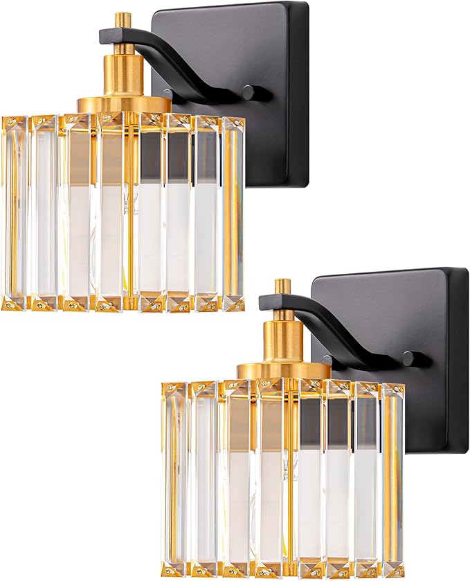 EDISHINE Wall Sconces Set of Two, Bathroom Light Fixtures with Crystal Shade, Modern Vanity Lights, Black Gold Lighting Fixtures Over Mirror, Indoor Wall Lamp, E26 Base