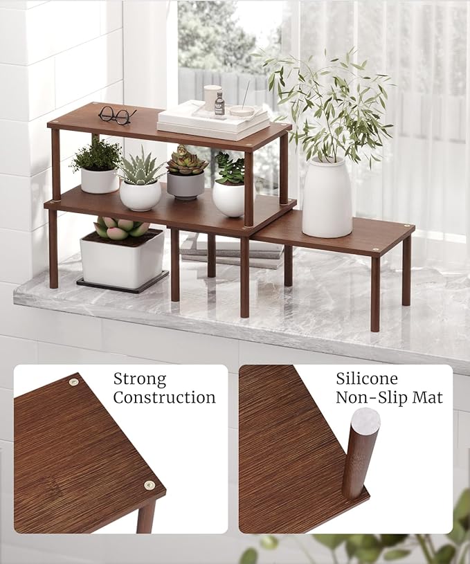 Cabinet Organizer Shelf(Set of 3),Bamboo Kitchen Counter Shelves for Countertop and Cabinet,Stackable Shelf Spice Racks,Large (Brown)