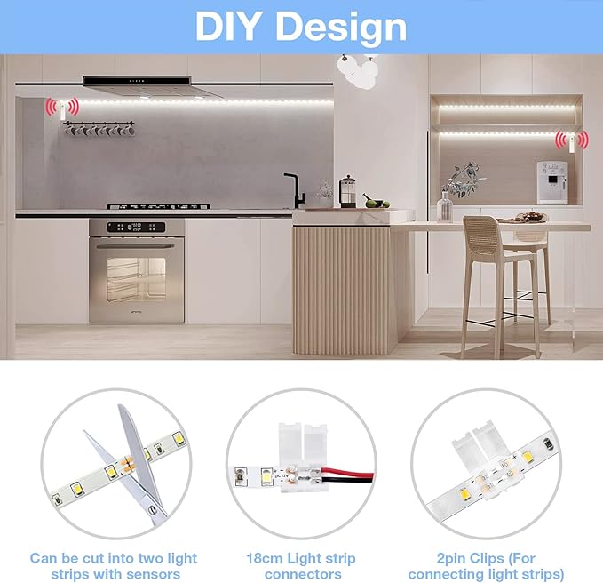 WOBANE Dual Motion Sensor Stair Lights Strip, Rechargeable 16.4ft LED Strip Lighting,150 LEDs Cuttable Tape Light for Hallway,Under Cabinet,Cupboard,Shelves,Gun Safe,Flexible,6000K White