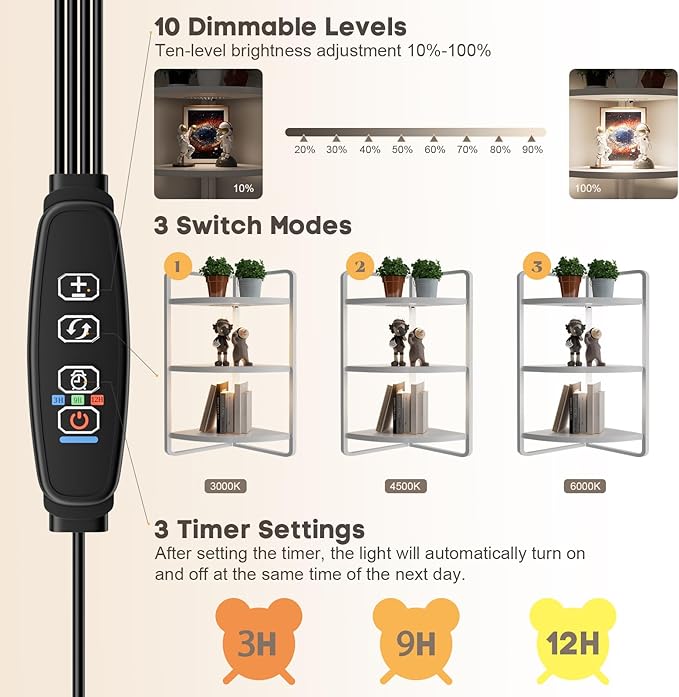 2-Pack Under Shelf Lighting for 3 Tier Corner Shelf Stand,Ultra-Bright 10 Dimmable Slim Stick on Lights,3-Color Timer 3/9/12H,Decor Lights for Living Room, Bedroom,Kitchen Storage Display Rack