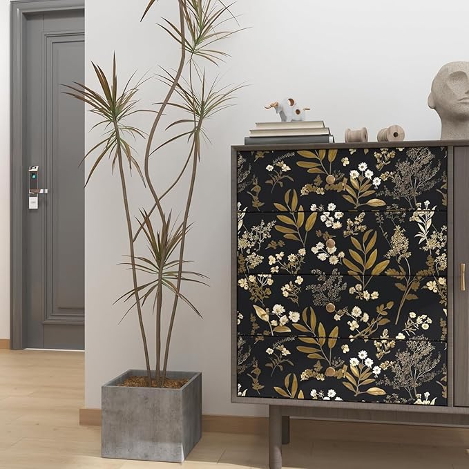 Black Gold Wallpaper Peel and Stick Dark Floral Wallpaper 17.5in x 118in Vintage Leaf Contact Paper Vinyl Waterproof Self Adhesive Boho Botanical Wall Paper for Bedroom Cabinet Décor