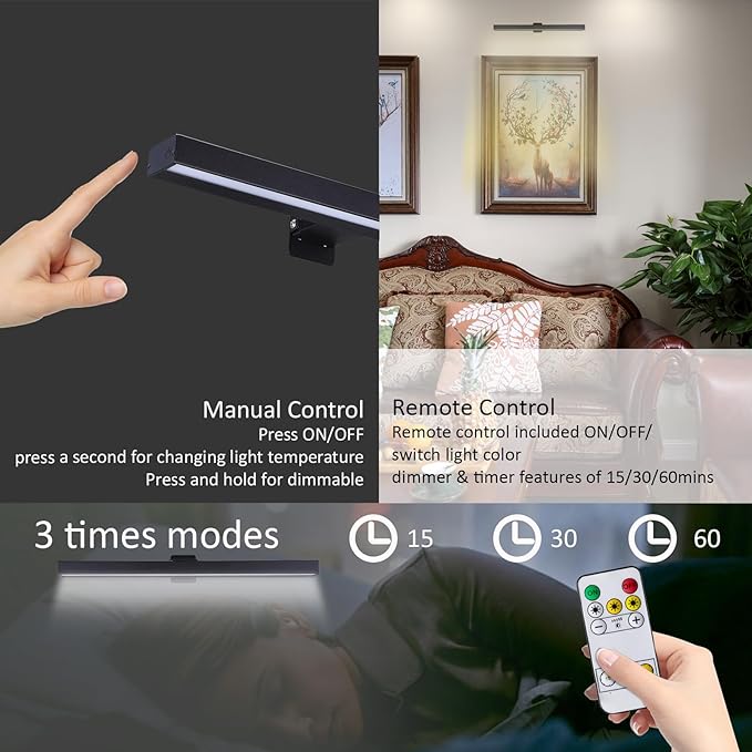 Wireless LED Picture Light 16in with Remote,Dimmable and Timer Picture Lights for Paintings,Metal Rechargeable Art Light Display Lamp,3 Modes,Dartboard Light for Frame Picture Gallery Portrait