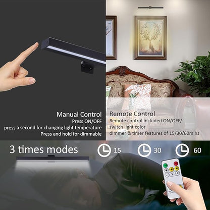 Wireless LED Picture Light 16in with Remote,Dimmable and Timer Picture Lights for Paintings,Metal Rechargeable Art Light Display Lamp,3 Modes,Dartboard Light for Frame Picture Gallery Portrait