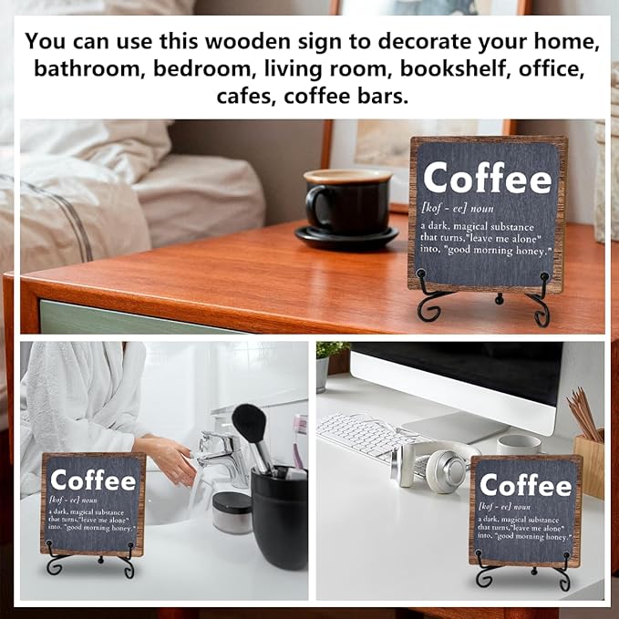 Coffee Bar Decor Accessories, Wooden Sign With Iron Stand For Farmhouse Home Kitchen Table, Coffee Sign for Farmhouse Home Cafe Kitchen Office Bar Shelf Table, Gifts for women Family Friend Coworker