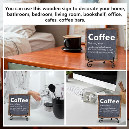 Coffee Bar Decor Accessories, Wooden Sign With Iron Stand For Farmhouse Home Kitchen Table, Coffee Sign for Farmhouse Home Cafe Kitchen Office Bar Shelf Table, Gifts for women Family Friend Coworker