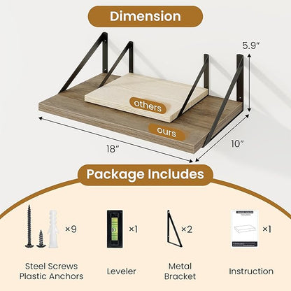 Floating Shelves for Wall,18" Wall Mounted Shelves Set of 2,Wood Floating Shelf with Bracket,Sturdy Metal Bracket Bookshelves Home Decor Storage for Living Room,Bedroom,Bathroom,Kitchen,Grey