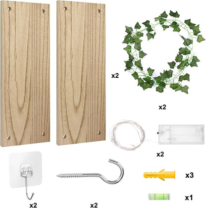 Fixwal Artificial Ivy LED-Strip Floating Shelves Set of 2, Macrame Hanging Shelves Plant Wall Decor, Rustic Boho Wood Wall Storage Shelves for Bedroom, Living Room, Bathroom Decor (Rustic Brown)