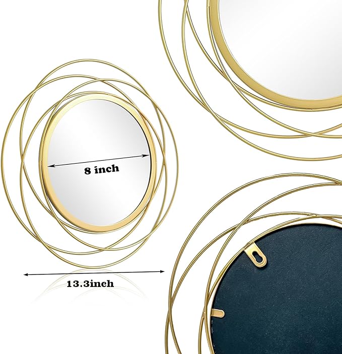 Cityelf 3 Set 13 Inch Gold Circle Mirrors Wall Decor Iron Frame Wire Mirror Metal Circular Mirror Home Decor Hanging Mirrors for Room/Bedroom/Bathroom/Entryway