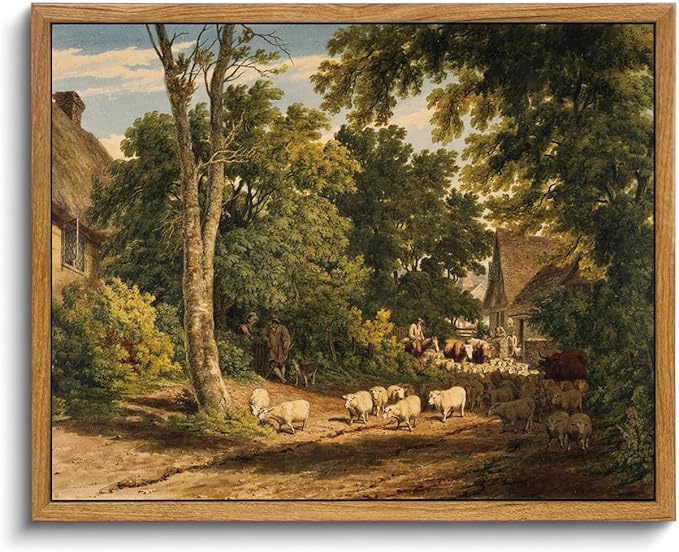 OIQArtOIQ Vintage Framed Wall Art Rural Farm Scene Canvas Art Prints Countryside Landscape Pictures Wall Decor Modern Rustic Farmhouse Paintings Artwork For Bedroom Bathroom Office Living Room