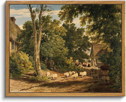 OIQArtOIQ Vintage Framed Wall Art Rural Farm Scene Canvas Art Prints Countryside Landscape Pictures Wall Decor Modern Rustic Farmhouse Paintings Artwork For Bedroom Bathroom Office Living Room