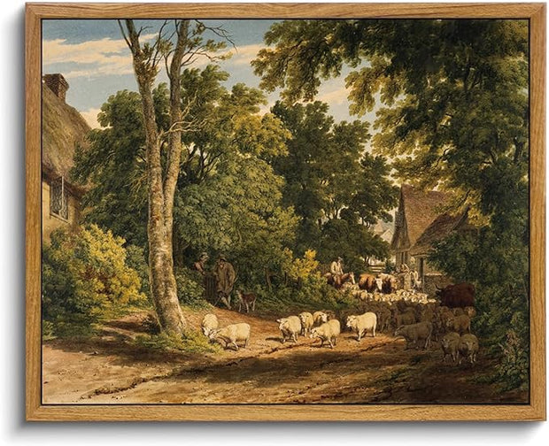 OIQArtOIQ Vintage Framed Wall Art Rural Farm Scene Canvas Art Prints Countryside Landscape Pictures Wall Decor Modern Rustic Farmhouse Paintings Artwork For Bedroom Bathroom Office Living Room