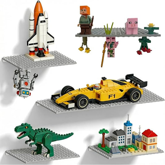 6 Pack Floating Shelves for Wall Compatible with Lego Building Bricks,16x13 Studs for Display and Protect Completed Legos Projects, Dual-Sided Display Shelves for Room Decor Grey