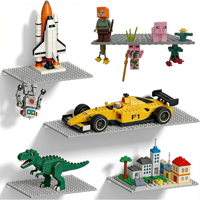 6 Pack Floating Shelves for Wall Compatible with Lego Building Bricks,16x13 Studs for Display and Protect Completed Legos Projects, Dual-Sided Display Shelves for Room Decor Grey