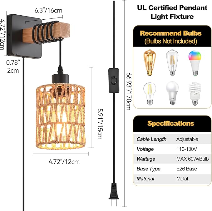 Rustic Wall Sconces Fixtures with Plug in Cord, Set of Two Indoor Vintage Rattan Wall Light Industrial Lamp Fixture Farmhouse Metal Sconces Light for Bedroom Bedside Living Room