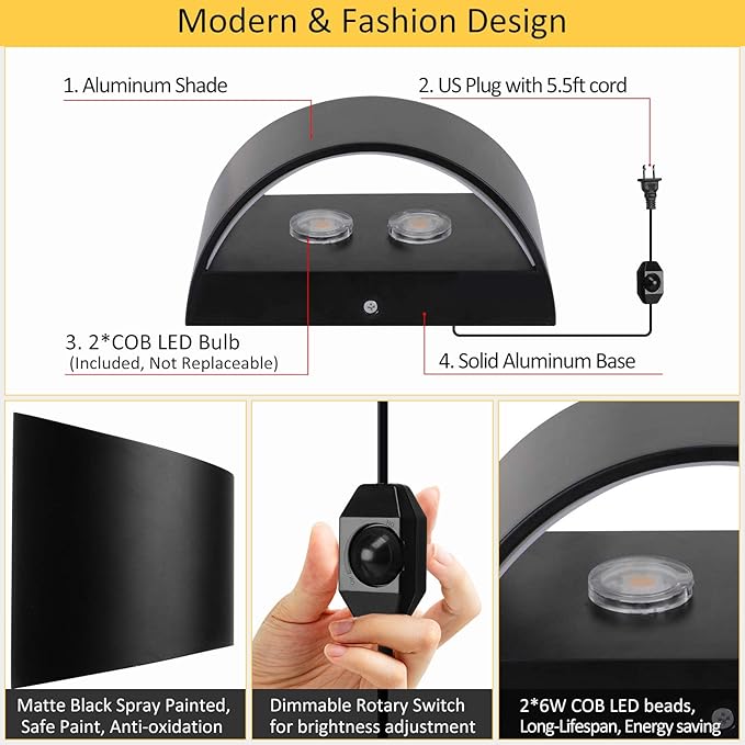Lightess Wall Lamp Plug in 12W Modern LED Wall Lights Dimmable Indoor Up Down Wall Lamp for Bedroom Living Room Hallway, Black, Warm White
