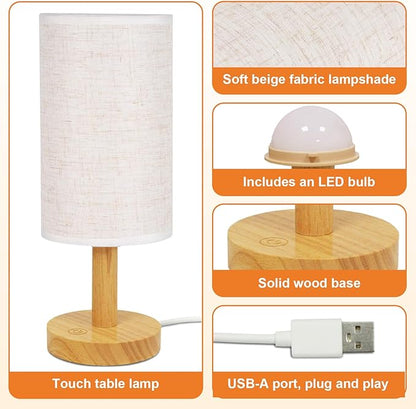 Touch Bedside Table Lamp - Stepless Dimming USB Powered, Minimalist Wood Base Linen Shade, 2700K Warm Light for Bedroom Nightstand Nursery Dorm Small Spaces, 5W LED 50K Hrs (No Bulb Replacement)