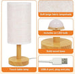 Touch Bedside Table Lamp - Stepless Dimming USB Powered, Minimalist Wood Base Linen Shade, 2700K Warm Light for Bedroom Nightstand Nursery Dorm Small Spaces, 5W LED 50K Hrs (No Bulb Replacement)