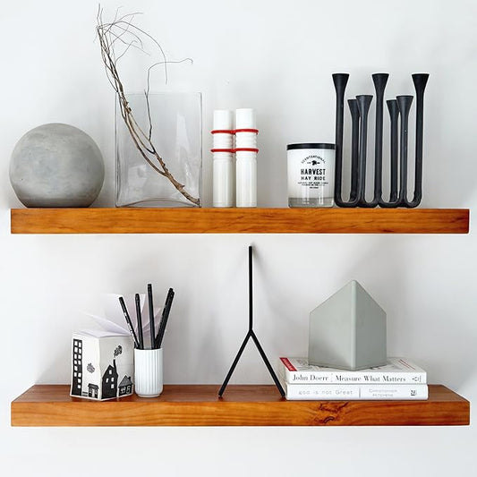 Homeforia Oak Floating Shelves 30 inch Long, High End Solid Real Wood 30inch Floating Shelves for Wall Mounted, Honey Oak Wooden 30in Floating Shelf, Heavy Duty Bracket, 30 X 6.5 X 1.75 in, Set of 3