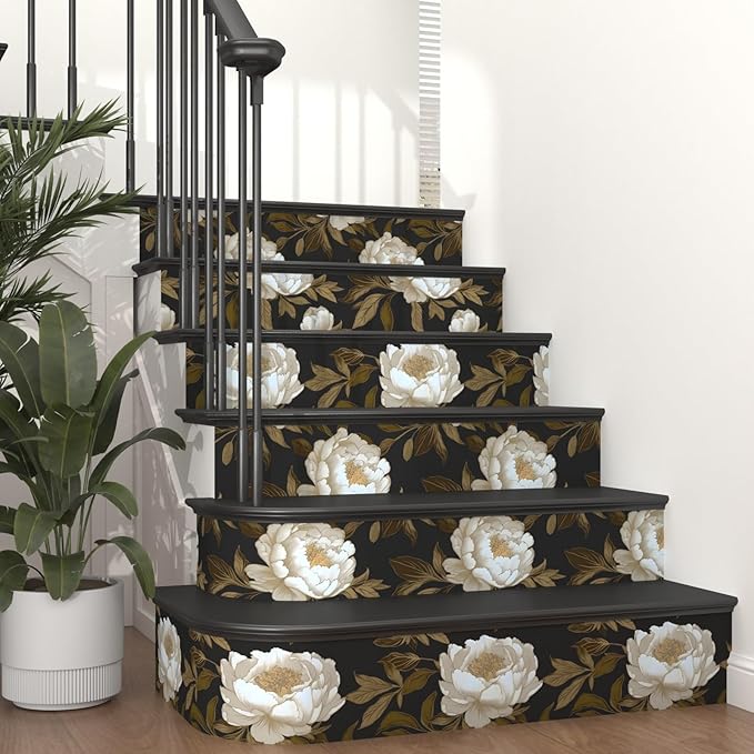 Peony Floral Wallpaper Peel and Stick Gold Leaf Contact Paper Modern Floral Wallpaper Self Adhesive Waterproof Boho Botanical Wall Paper for Room Shelves Cabinet Drawer Table Decor 17.5"x118"
