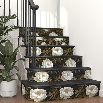 Peony Floral Wallpaper Peel and Stick Gold Leaf Contact Paper Modern Floral Wallpaper Self Adhesive Waterproof Boho Botanical Wall Paper for Room Shelves Cabinet Drawer Table Decor 17.5"x118"