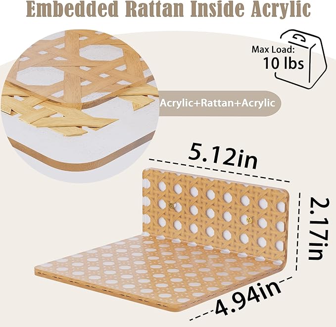 Boho Acrylic Wall Shelves 2 Pack, Small Floating Shelf with Rattan Pattern, Clear Display Ledges for Funko Pop Figures, Plants, Perfume & Home Decor, Wall Mount for Bedroom, Living Room