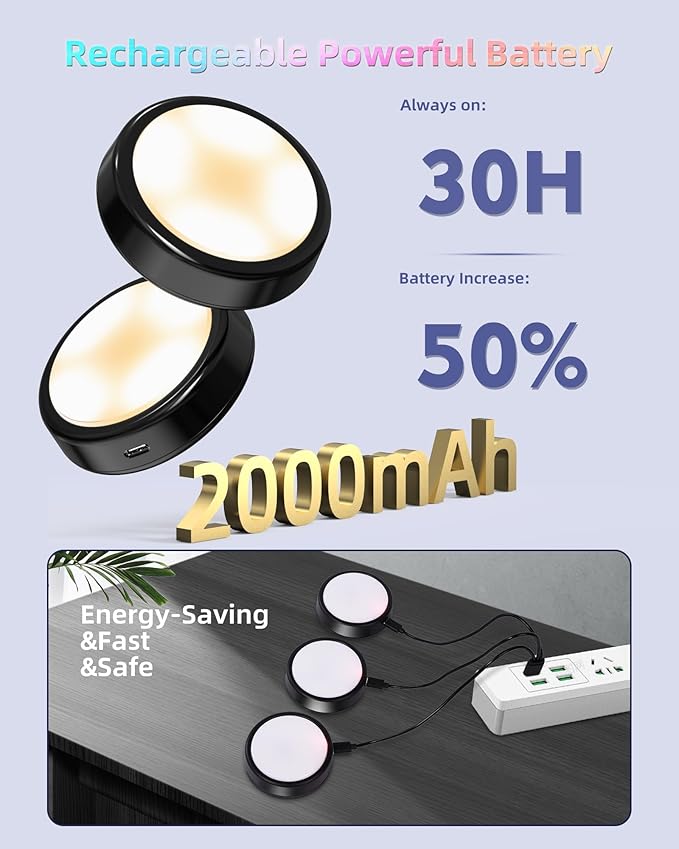 HOLKPOILOT Puck Lights with Remote, 2000mAh Battery Operated Rechargeable Under Cabinet Lighting, 3 Color Temps & 7 RGB Colors, Magnetic Closet Light, Black Wireless Puck Light for Kitchen, Shelf.