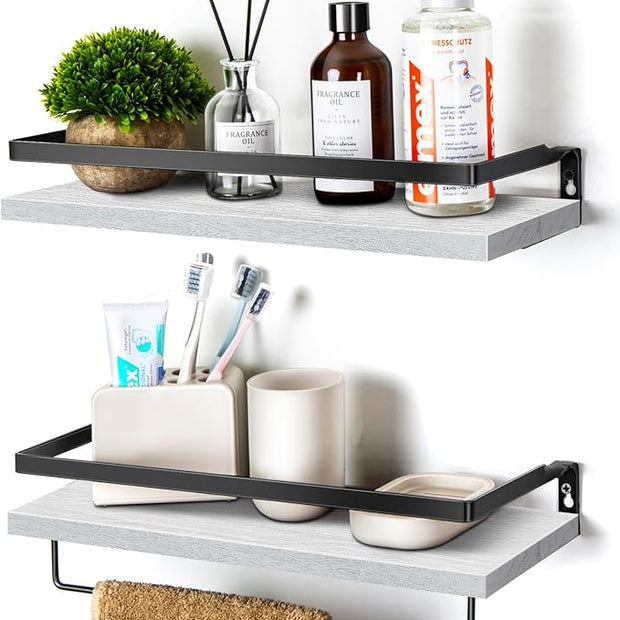 Floating Shelves for Wall, Bathroom Shelves with Towel Bar, Wall Mounted Storage Shelves for Kitchen, Bathroom, Set of 2 White
