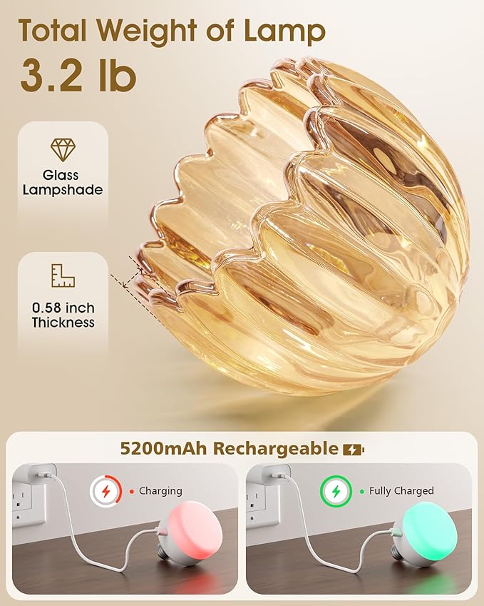 VOLISUN Vintage Battery Operated Wall Sconce,with Amber Tulip Glass Lampshade, Wireless Wall Sconce, Rechargeable Battery Powered Wall Light, Sconce Wall Decor for Bedroom Living Room