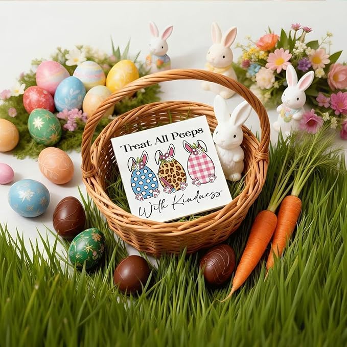 Easter Decorations Treat All Peeps With Kindness Wooden Box Sign, Cute Bunny Spring Desk Decor, Farmhouse Easter Shelf Plaque Gift for Teacher Classroom Home Office