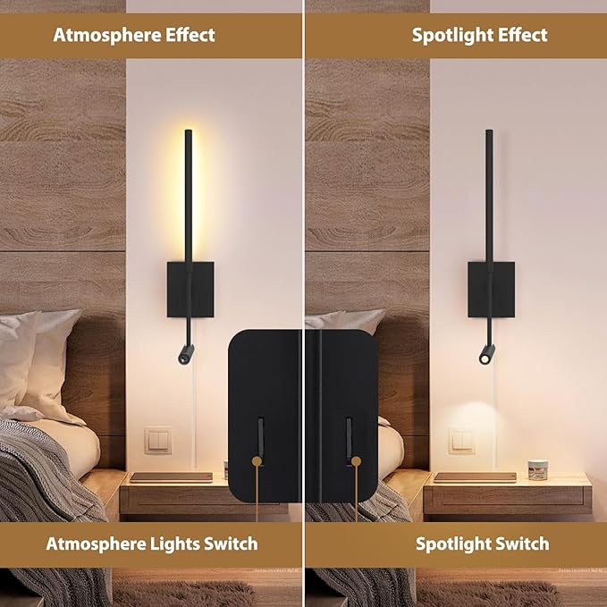 ZEROUNO Modern Plug in Wall Sconce Indoor Wall Light, Minimalist LED Line Wall Lamp with Switch, Adjustable Matte Black Wall lamp for Living Room Bedroom Hallway Reading etc