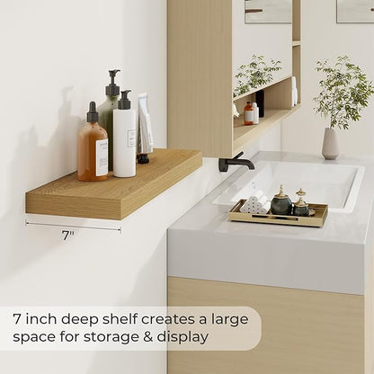 Dreamland 24 Inches Floating Shelves for Wall, 6.7 Inch Deep Floating Shelves Set of 2, Large Display & Storage Shelf, Wall Shelf for Bathroom Bedroom Living Room Kitchen Office,Oak