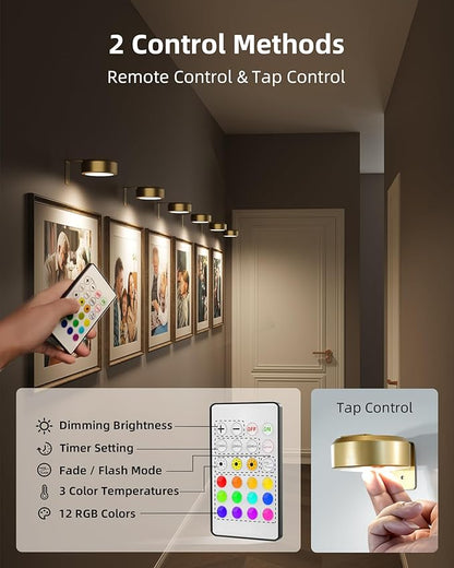 EZVALO Picture Lights for Wall, Rechargeable Battery Magnetic Poster Lights with 3 Color Temps & 12 RGB, Remote Dimmable Timer Light, Wall Decor Light for Art Display (6 Pack with Charging Station)