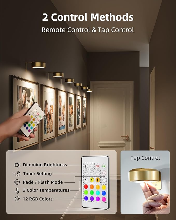 EZVALO Picture Lights for Wall, Rechargeable Battery Magnetic Poster Lights with 3 Color Temps & 12 RGB, Remote Dimmable Timer Light, Wall Decor Light for Art Display (6 Pack with Charging Station)