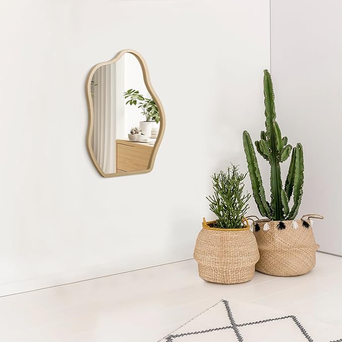 Gold Irregular Cloud Mirror - Modern Wood Frame Asymmetrical Wall Art Decor for Bedroom, Living Room, Bathroom, Entryway, Hallway