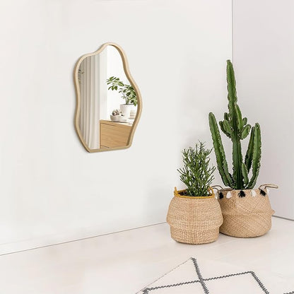 Gold Irregular Cloud Mirror - Modern Wood Frame Asymmetrical Wall Art Decor for Bedroom, Living Room, Bathroom, Entryway, Hallway