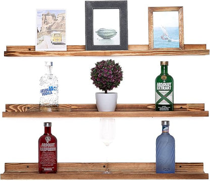 AZSKY Picture Ledge Shelf Floating Shelves for Photo Frames Kids Book Shelves Wall Mounted Burnt Display Shelf Wooden Frame Ledge 48 Inches Set of 3 Bathroom Organizer Shelves