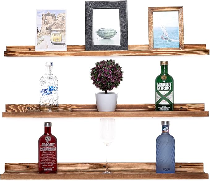 AZSKY Picture Ledge Shelf Floating Shelves for Photo Frames Kids Book Shelves Wall Mounted Burnt Display Shelf Wooden Frame Ledge 48 Inches Set of 3 Bathroom Organizer Shelves