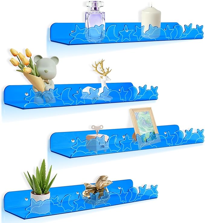 Floating Shelves for Wall,4 Pack 15.7’’x 3.5’’Adhesive Acrylic Shelves Organizer for Book Toy Photo Makeup,Wall-Mounted Kids Storage for Bathroom,Bedroom,Nursery,Blue Star and Moon
