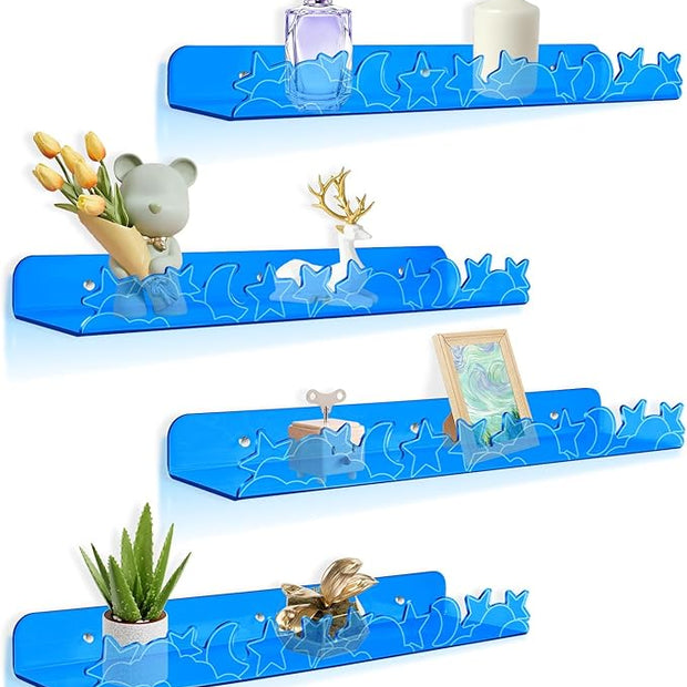 Floating Shelves for Wall,4 Pack 15.7’’x 3.5’’Adhesive Acrylic Shelves Organizer for Book Toy Photo Makeup,Wall-Mounted Kids Storage for Bathroom,Bedroom,Nursery,Blue Star and Moon