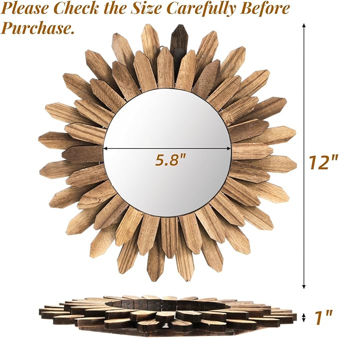 Wall Mirror Decorative, 12 inch Small Rustic Wood Boho Mirrors, Clear Sunburst Mirrors for Home Farmhouse Bedroom Entryway Decor House Warming Gifts New Home, No Distortion