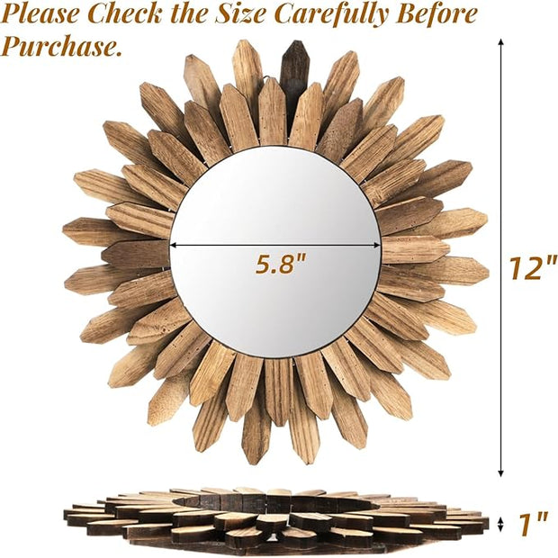 Wall Mirror Decorative, 12 inch Small Rustic Wood Boho Mirrors, Clear Sunburst Mirrors for Home Farmhouse Bedroom Entryway Decor House Warming Gifts New Home, No Distortion