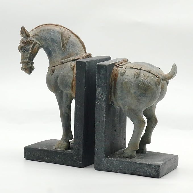 Lukitas Tang Horse Decorative Bookends, Heavy Duty Non-Slip Book Holders, Vintage Artistic Ornaments for Office Home Bookshelf Decor, Resin