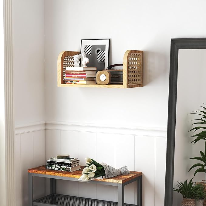 Rattan Wall Shelf, 8 Inch Deep Wooden Hanging Bookshelf, Natural Cute Nursery Shelves Wall Mounted, Boho Decorative Floating Shelves for Kids Room, Living Room, Play Room, Bedroom