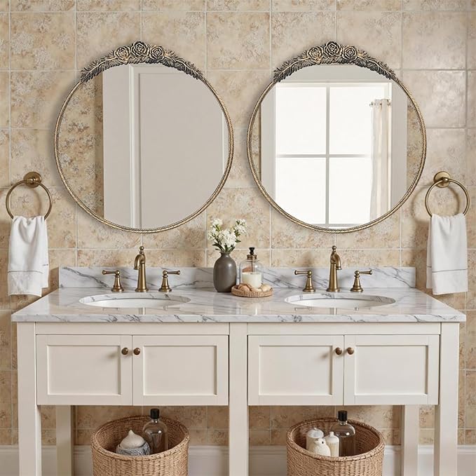 Growsun Round Wall Mirror with Vintage Black Floral Frame – 24 Inch Decorative Wall Mirror for Living Room, Bedroom, Entryway, Bathroom Vanity – Elegant Antique Accent Home Décor