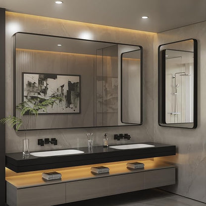 ISKM Black Metal Framed Bathroom Mirror for Wall 40" x 30" Black Bathroom Vanity Mirror, Rounded Rectangle Mirror, Anti-Rust (Horizontal/Vertical)