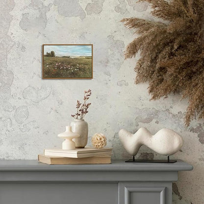 OIQArtOIQ Vintage Landscape Framed Wall Art Summer Countryside Wildflower Canvas Art Prints Farmhouse Cottagecore Pictures Wall Decor Rustic Meadow Paintings Artwork For Kitchen Bedroom Living Room